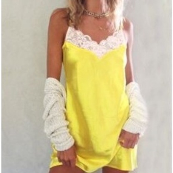 We Are Hah Dresses & Skirts - Free People We Are HAH NEW Medium Yellow Satin Lace Trim Cami Mini Slip Dress